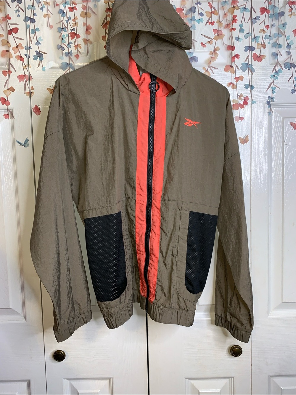 Reebok Men's Hooded Windbreaker Jacket - Olive with Coral Trim